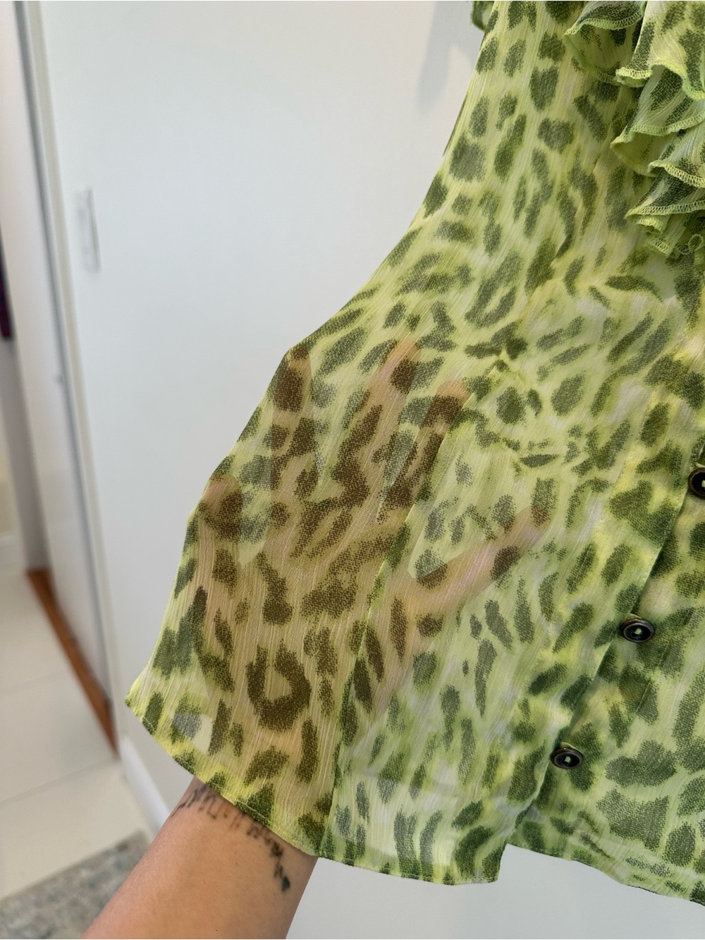 Green Leopard-Print Ruffle Button Blouse - Picture 3 of 9